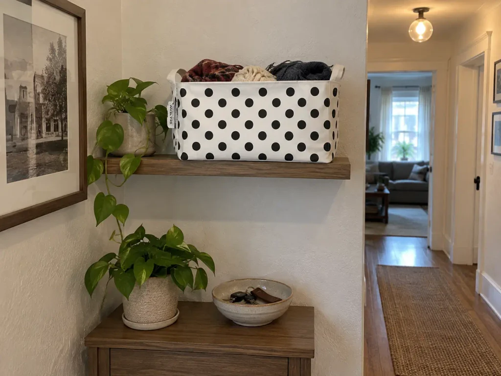 Canvas storage basket on a floating shelf above a console table in a postwar bungalow entry