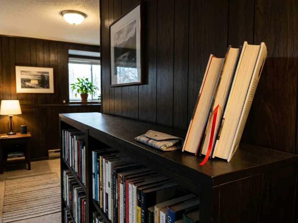 A cleared shelf edge kept for books currently being read beside a finished organized bookshelf