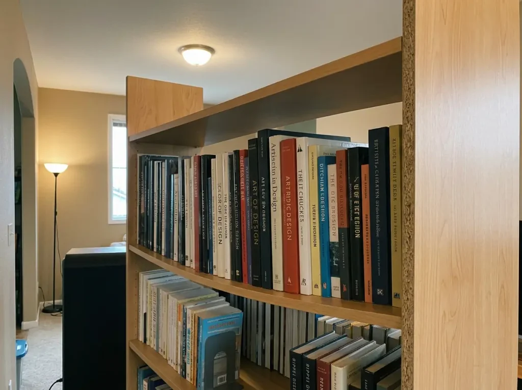 Bookcase shelf sighted along its length showing a visible dip under a row of heavy hardcover books