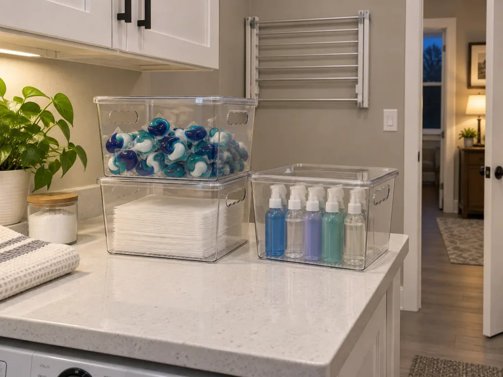 Magnetic laundry organizer shelf mounted on the side of a washer holding detergent supplies