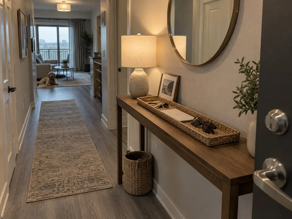 Coffee Table Organization That Survives Real Life 7 Narrow console table by the door with a long tray corralling keys and mail beside a lamp