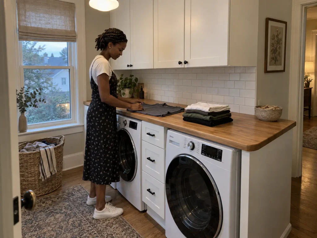 Over Washer and Dryer Storage That Clears the Lid 7 Wood countertop shelf spanning both machines used as a folding surface in a small laundry room