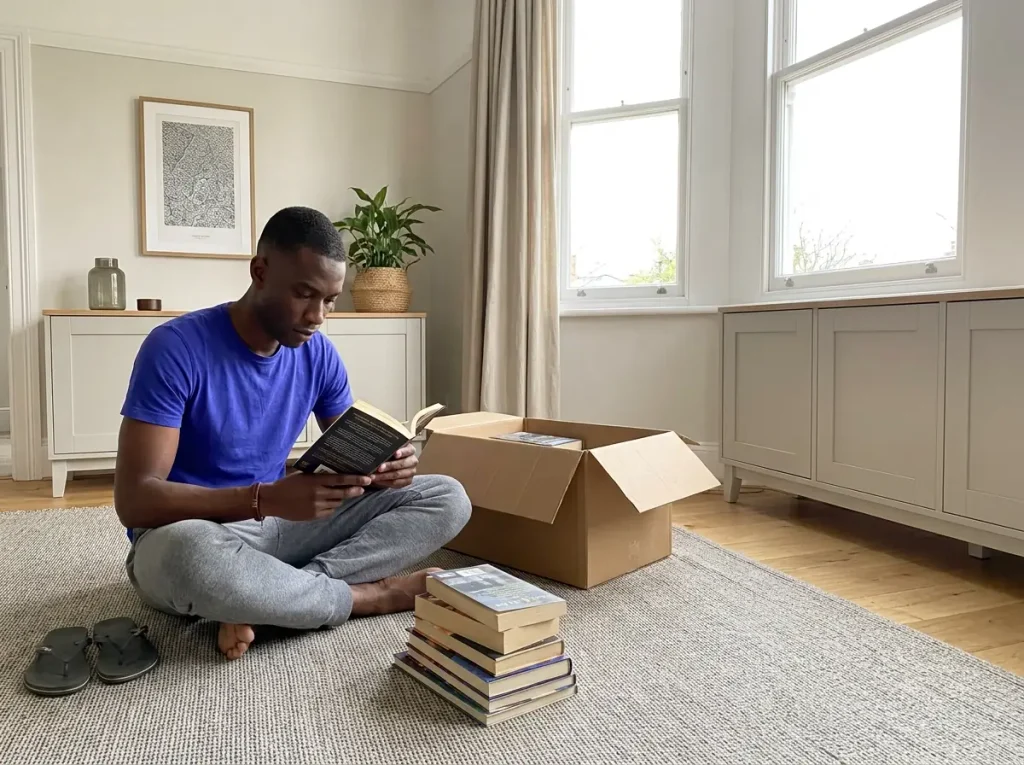 Out of Shelf Space? Organize Books in a Small Apartment 5 Man sorting books into a donation box on an apartment floor beside a bookcase