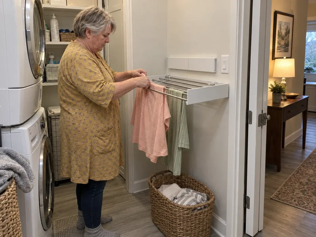 Wall mounted drying rack open with two shirts drying inside a narrow laundry closet