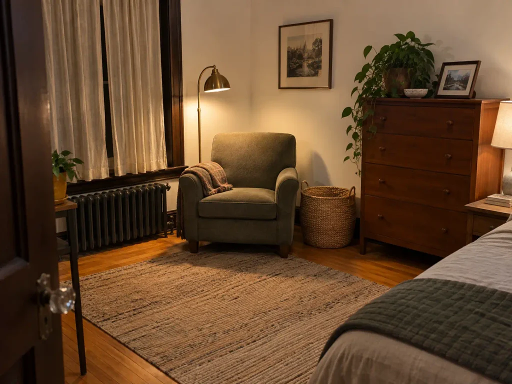 Cleared bedroom armchair and an empty laundry basket, three months into a laundry routine that stuck