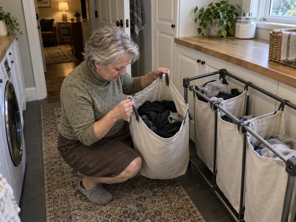 How to Sort Laundry So the Pile Stops Coming Back 4 Woman checking how full a laundry sorter bag is before starting a wash load