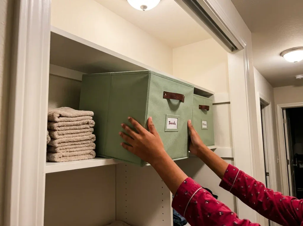 Hands sliding a labeled fabric bin back onto a linen closet shelf on laundry day