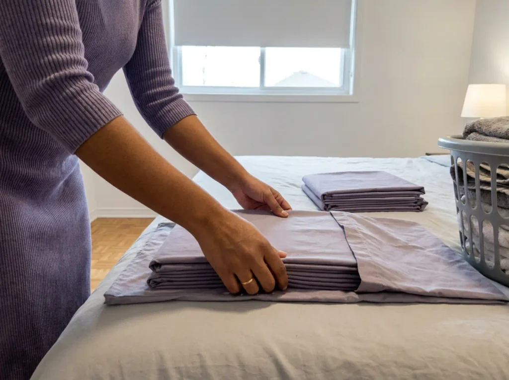 Hands sliding a folded sheet set into a matching pillowcase to store it as one bundle
