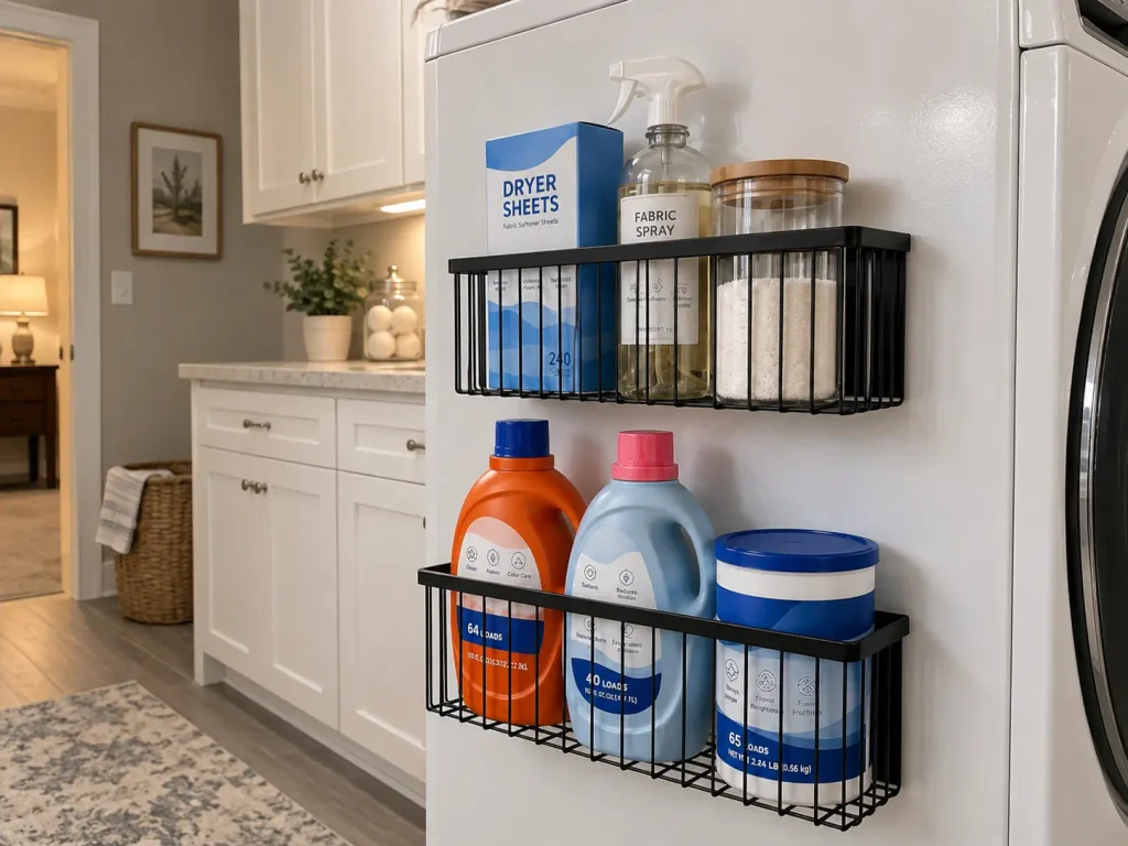 Clear stackable storage bins holding laundry supplies on a counter beside a folded drying rack