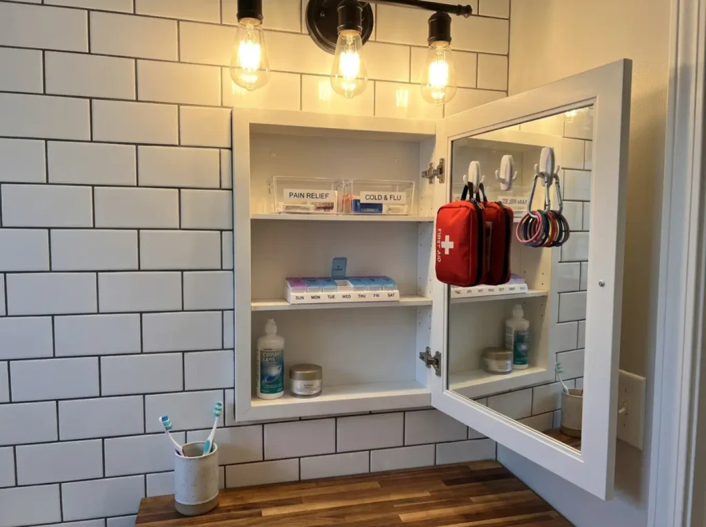 Organized medicine cabinet with daily-use pill organizer in the front row and labeled bins on the shelves above