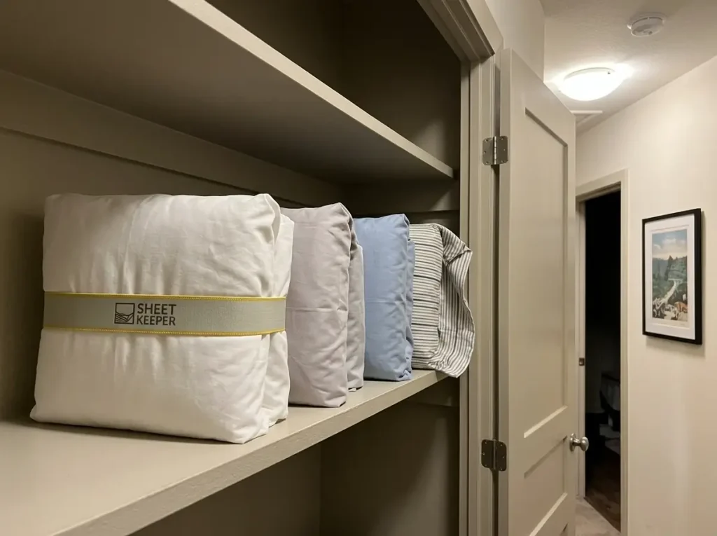 How to Fold Towels for a Linen Closet Without Collapse 6 Sheet sets bundled inside pillowcases and banded, lined up on a linen closet shelf