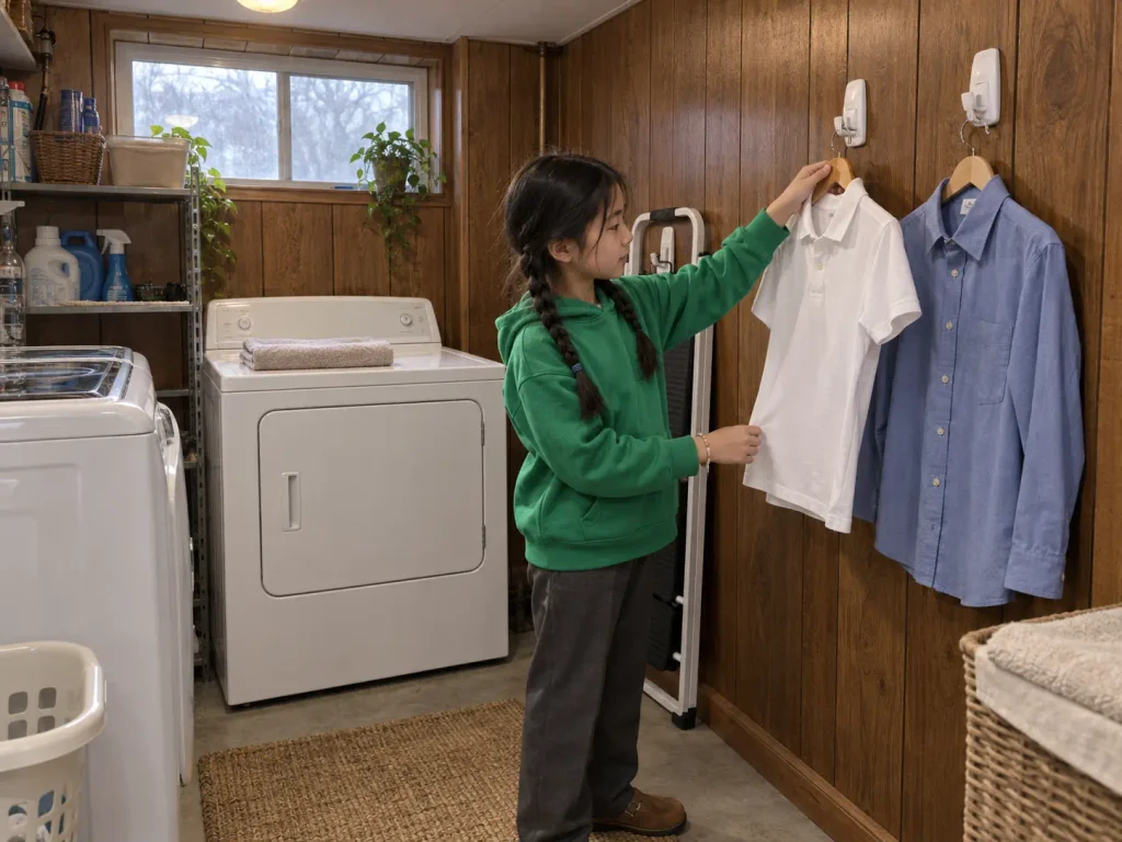 Girl taking her pressed school polo off a hook at a laundry room ironing station on a school morning