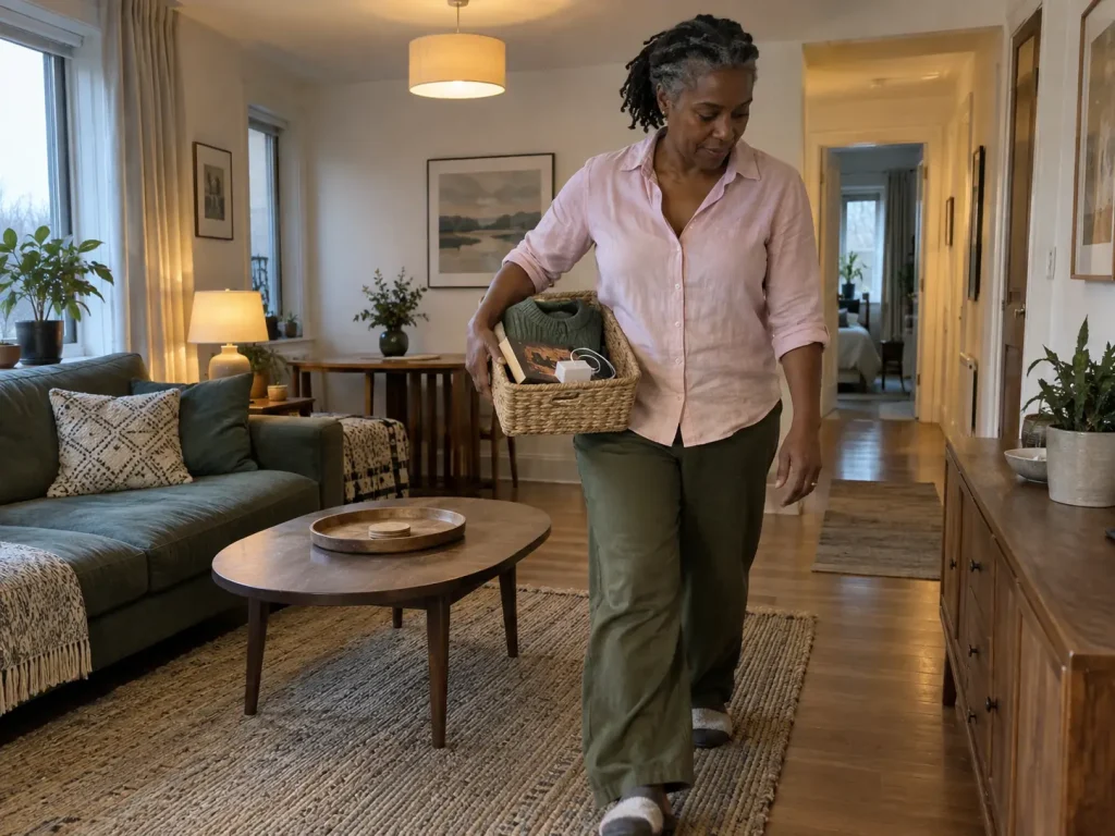 Woman carrying a small bin of stray items out of the living room during a sixty-second evening reset