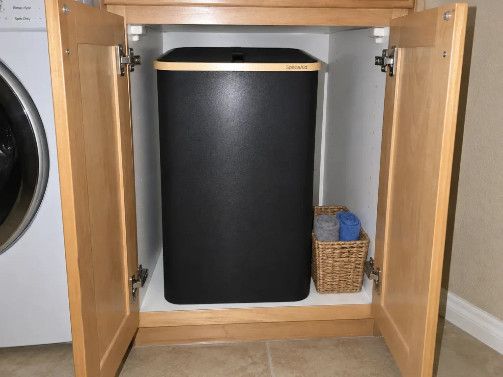 Slim lidded laundry hamper hidden inside a base cabinet beside the washer, a cabinet-hidden sorting idea