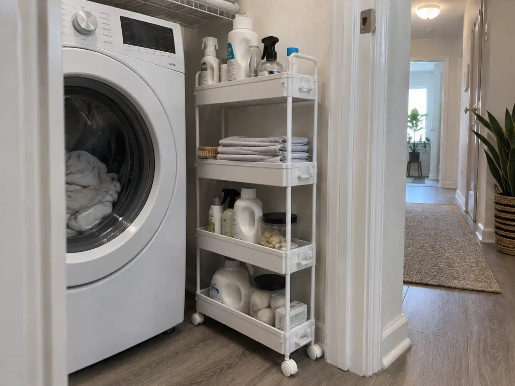 Slim rolling cart pulled out from the gap beside a washer in a small apartment laundry closet