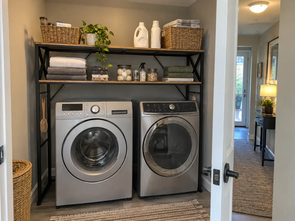 Small Laundry Room Storage for a 29-Inch Closet 5 Freestanding two-tier shelf unit straddling a washer and dryer for over-appliance laundry storage