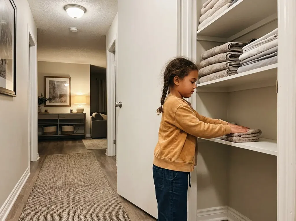Young girl putting a folded towel on the low labeled shelf of a shared linen closet she can reach herself