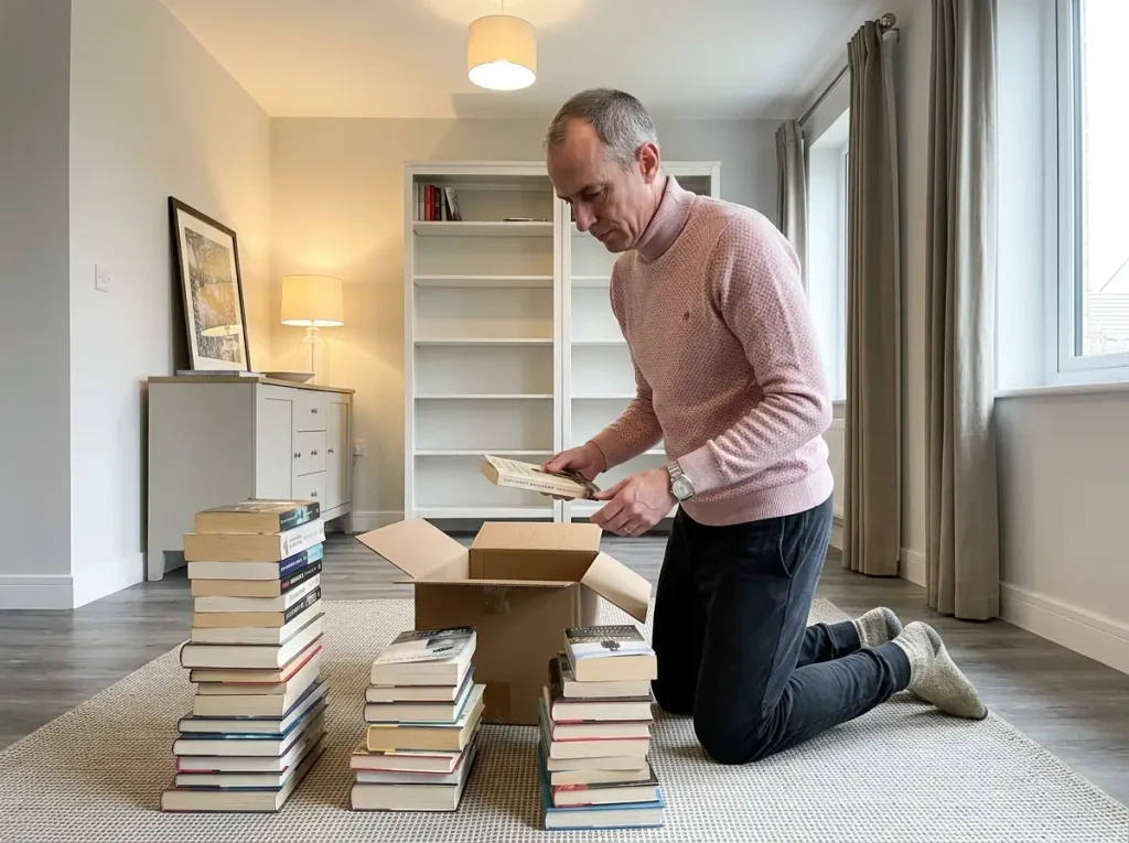 How to Organize a Bookshelf That Stays That Way 6 Man sorting books into keep and donate piles on a living room floor beside a cardboard box