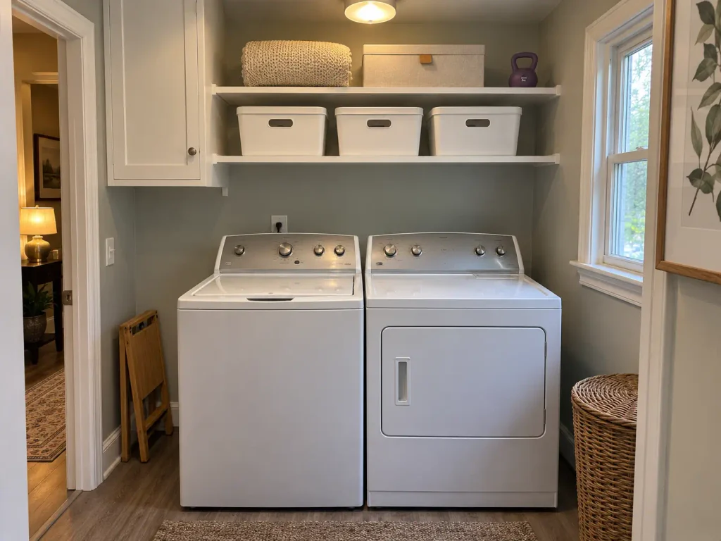 Magnetic laundry organizer shelf mounted on the steel side of a dryer holding detergent pods and dryer sheets