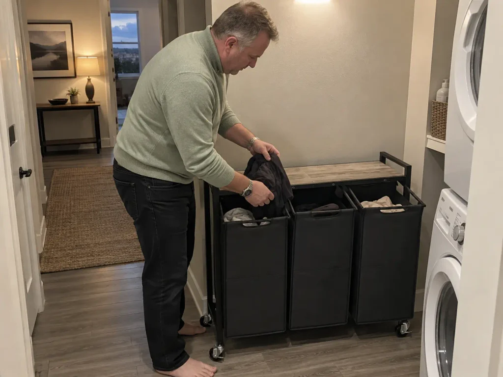 Man tipping laundry into a three section sorter beside a stacked washer dryer in a small apartment