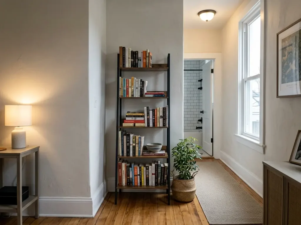 Best Bookshelves for Small Spaces That Won't Sag 12 Narrow steel-frame ladder bookshelf filled with books against the wall of a small living room