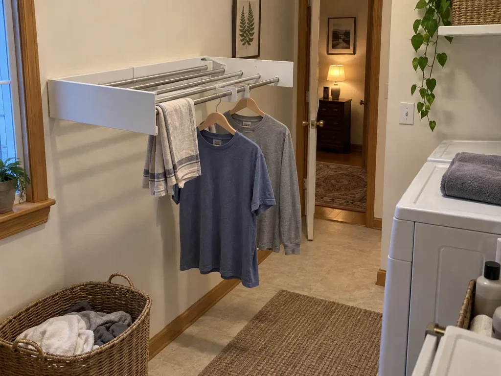 Folding wall mounted drying rack open above a laundry basket as a wall-mounted laundry room storage solution