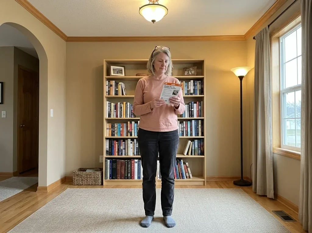 Woman holding a sealed no-drill anti-tip restraint kit in front of a bookcase with heavy books low