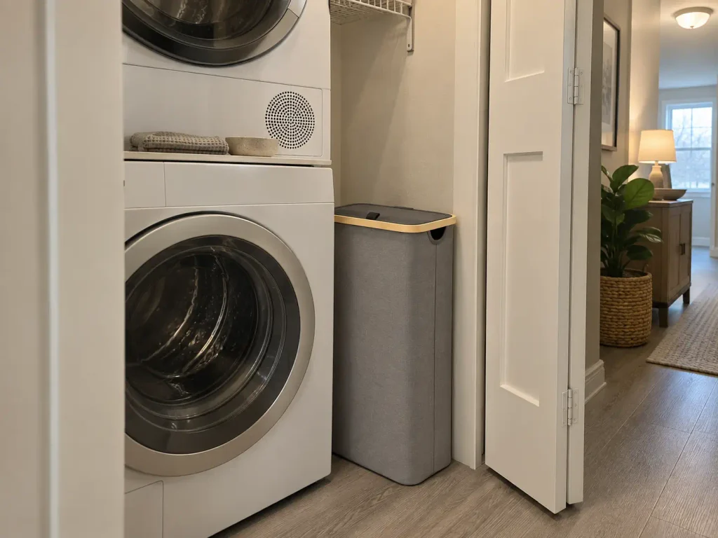 Slim lidded laundry hamper tucked beside the machines with a clear dryer top above it