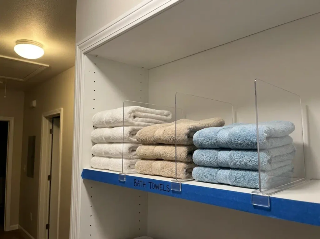 Clear acrylic shelf dividers holding towel stacks upright on a linen closet shelf