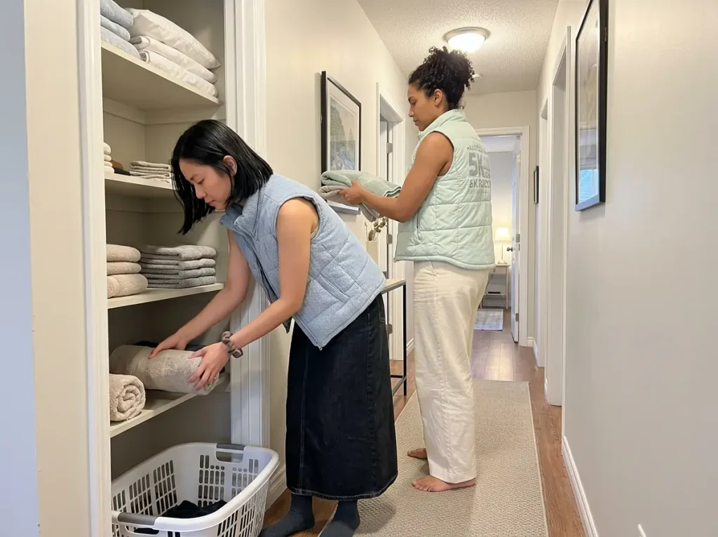 How to Fold Towels for a Linen Closet Without Collapse 7 Two women putting away laundry at an open linen closet in a compact starter home hallway