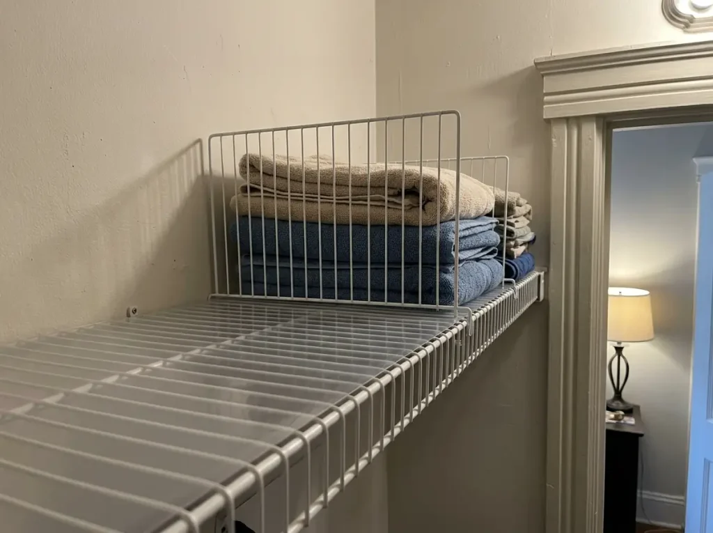 Clear non-adhesive liner laid over a wire closet shelf with clip-on dividers holding folded towels upright