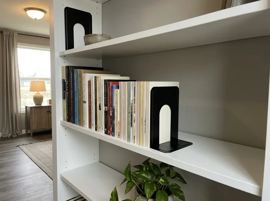 How to Organize a Bookshelf That Stays That Way 7 MaxGear metal bookends holding a partly filled row of books upright on a shelf