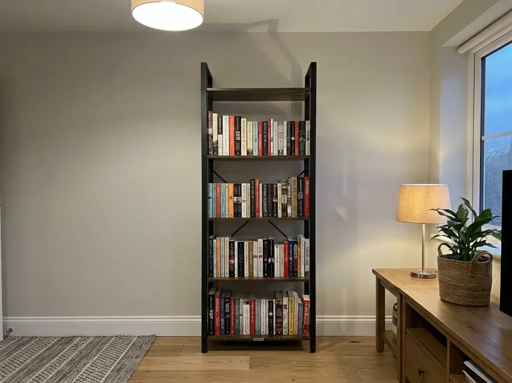 Out of Shelf Space? Organize Books in a Small Apartment 6 Narrow five-tier bookshelf filled with books against a wall in a small apartment