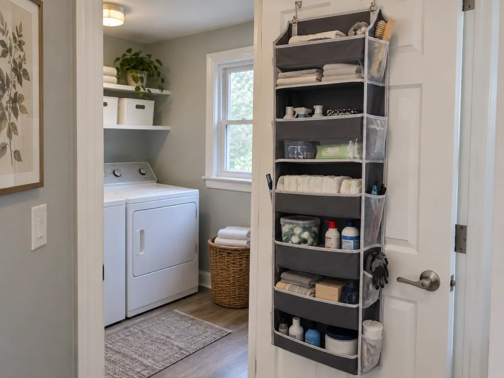 No-drill tension rod shelving above a washer and dryer holding labeled bins in a small laundry room
