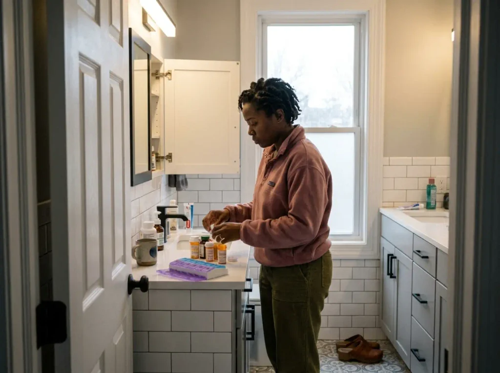 Woman sorting bottles into keep and discard piles on a bathroom counter during a quarterly cabinet reset