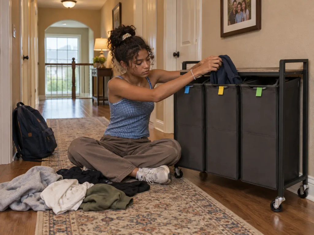 Teenager sitting on the hallway floor dropping a hoodie into a color-tagged rolling three-bag laundry sorter