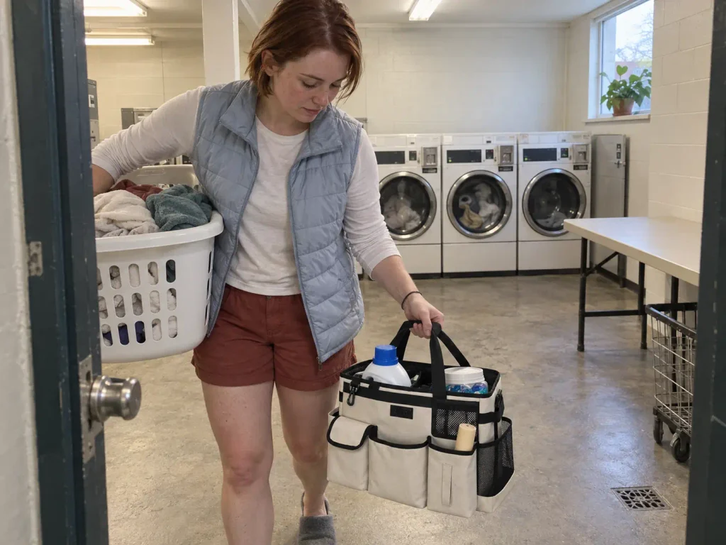 Woman carrying a laundry caddy and basket into a shared apartment building laundry room