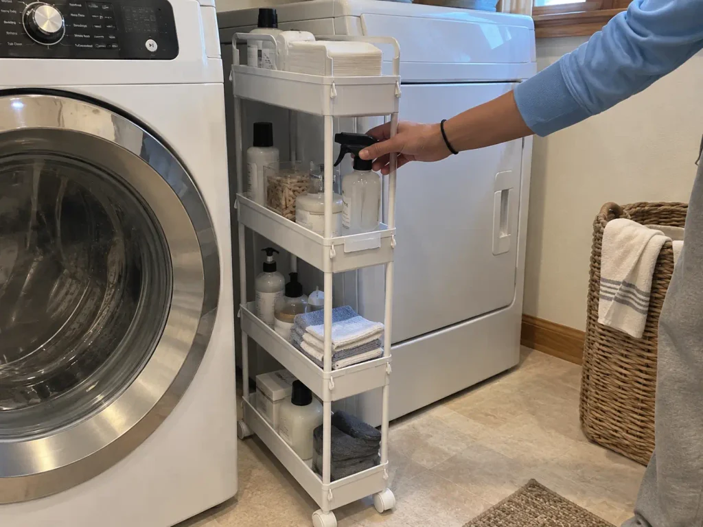 Slim rolling cart pulled out of the gap between a washer and dryer holding laundry supplies