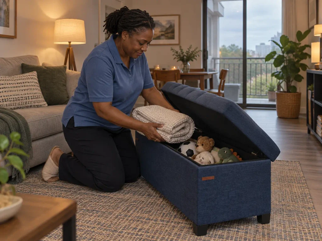 Coffee Table Organization That Survives Real Life 8 Storage ottoman bench open in a small rental living room with blankets and toys inside