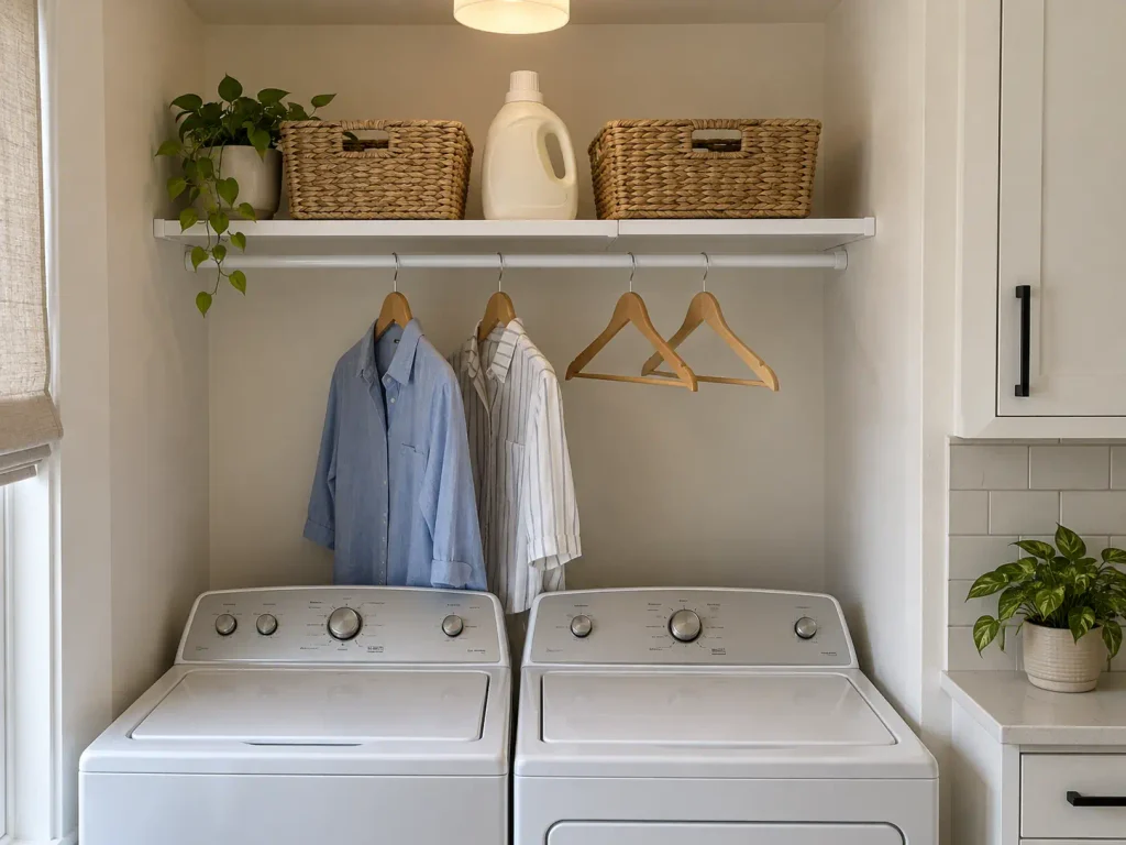 Over Washer and Dryer Storage That Clears the Lid 8 Expandable tension rod shelf above a washer holding supply bins and a hanging rod below it