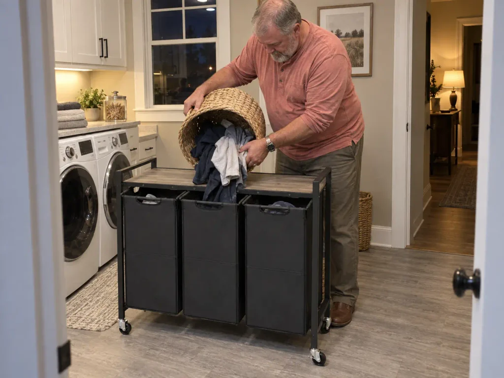 Man dropping laundry into a rolling three-section sorter in a new-build laundry room