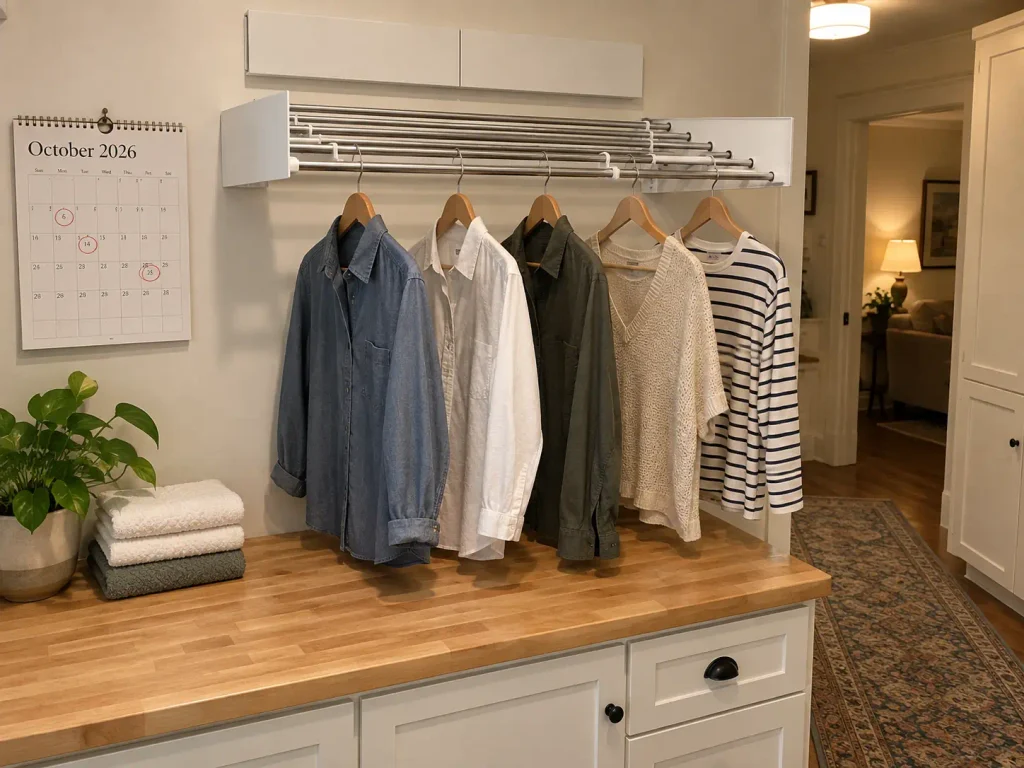 How to Sort Laundry So the Pile Stops Coming Back 6 Wall-mounted folding drying rack holding shirts in a farmhouse-style laundry room
