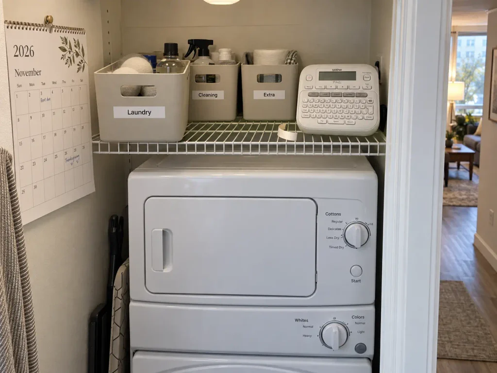 Label maker beside labeled laundry supply bins on a shelf in an apartment laundry closet
