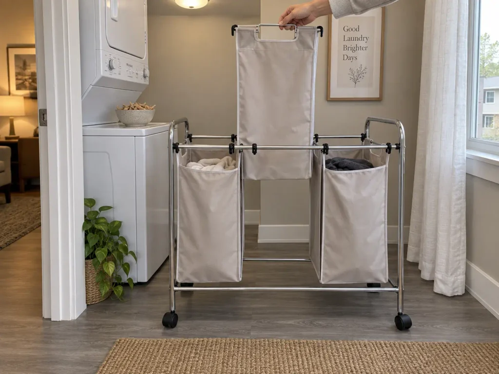 Budget metal frame three bag laundry sorter with one bag lifted out in a small apartment laundry nook
