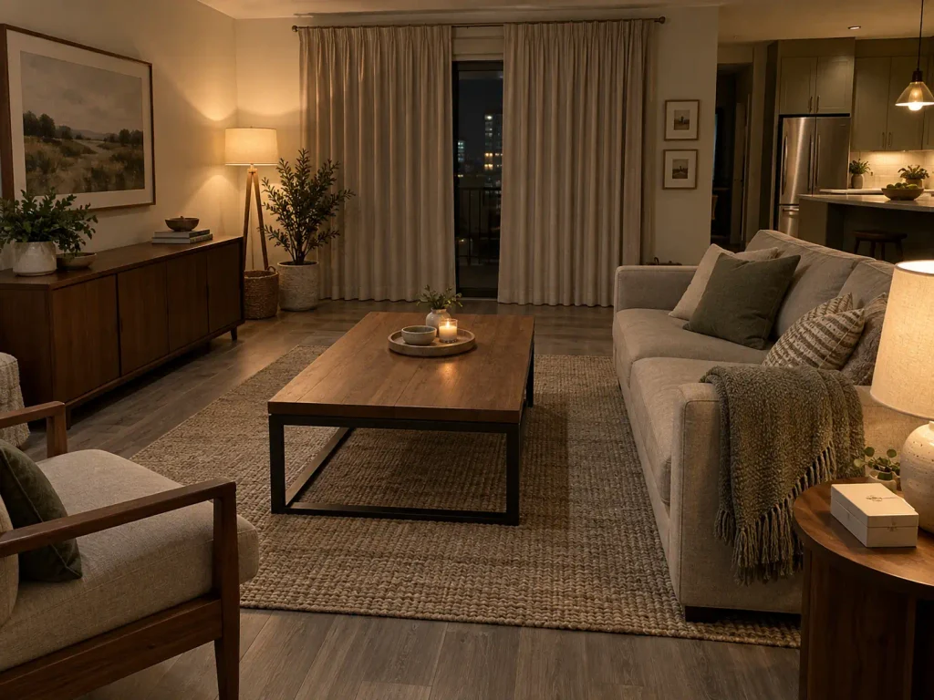 Coffee Table Organization That Survives Real Life 10 Cleared coffee table with only a tray and a lamp lit, at the end of a two-minute nightly reset