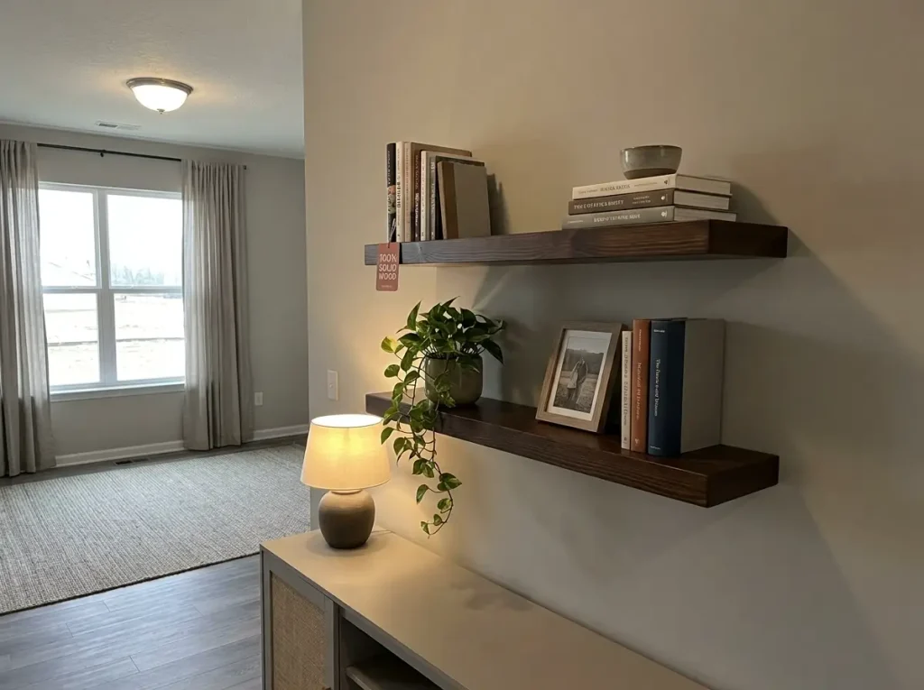 How to Organize a Bookshelf That Stays That Way 8 Solid pine floating shelves styled with books, a plant and a framed photo above a sideboard