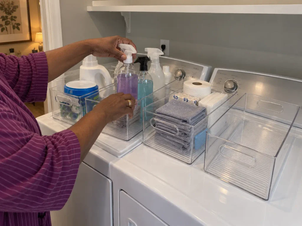 Over the door organizer on a laundry room door holding detergent pods and stain removers in mesh pockets