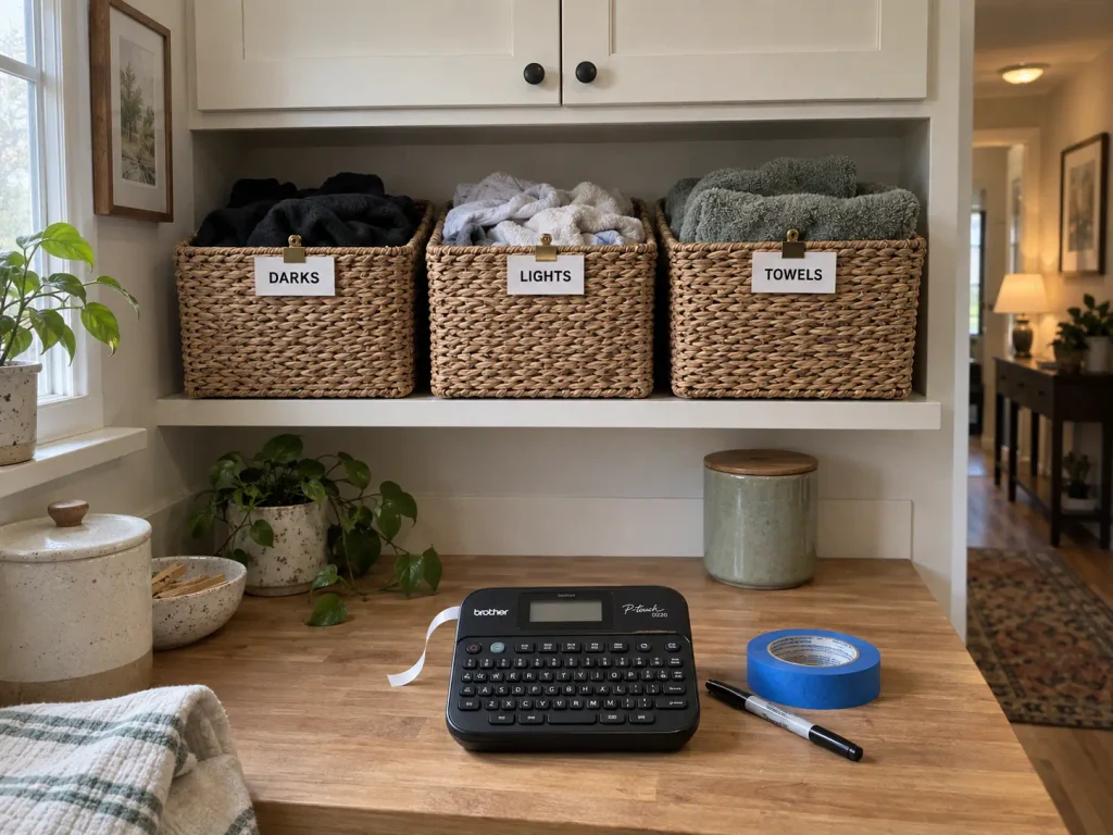How to Sort Laundry So the Pile Stops Coming Back 7 Label maker on the counter beside laundry bins labeled for each family member