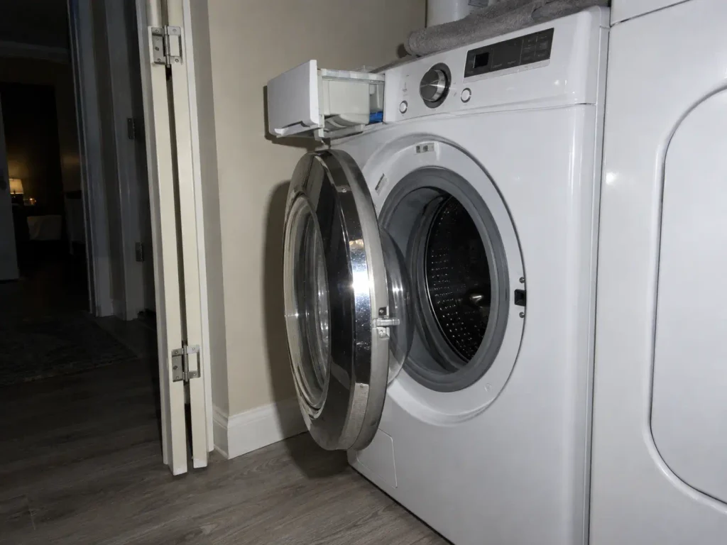 Washer door and detergent drawer left ajar in a laundry closet to air the drum out