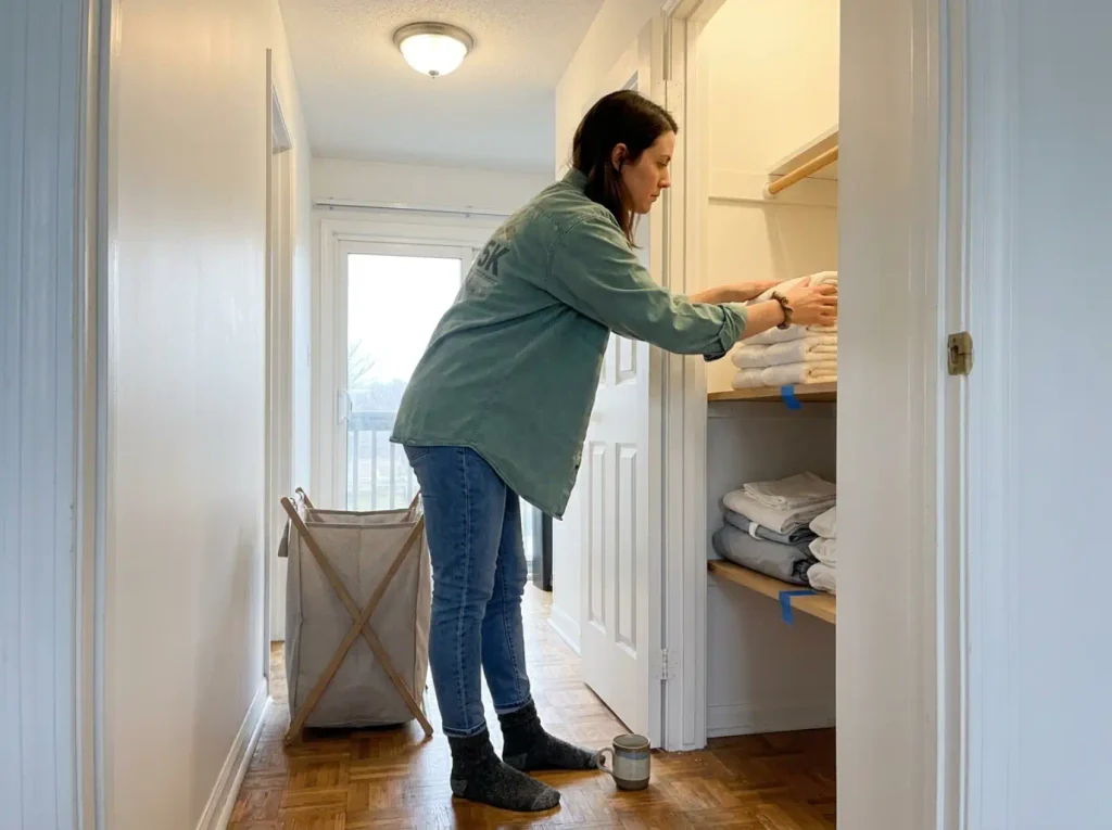 Woman restacking a leaning towel pile during a five-minute monthly linen closet reset